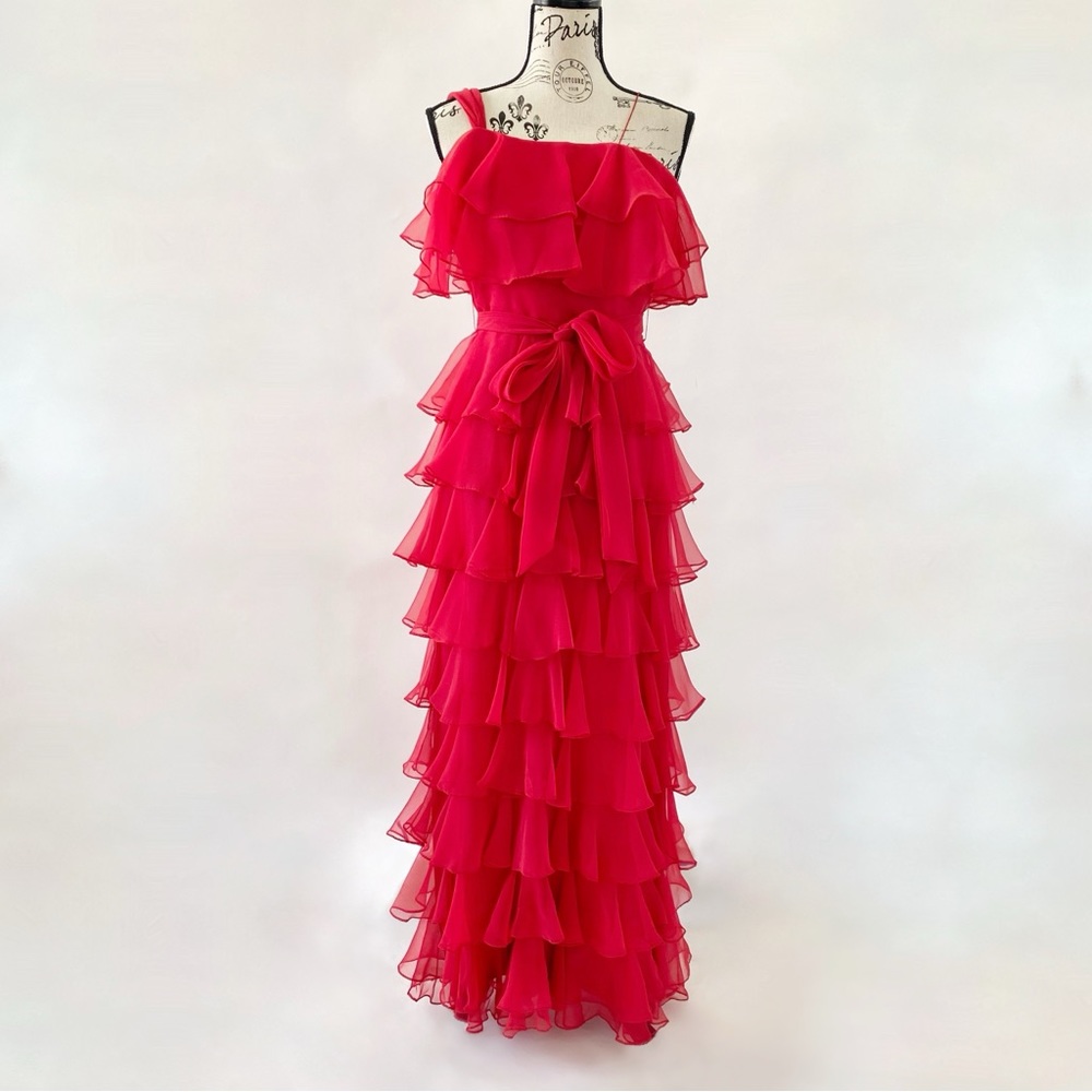Vintage Miss Elliette Cascading Ruffles Maxi Dress Evening Gown Red 6